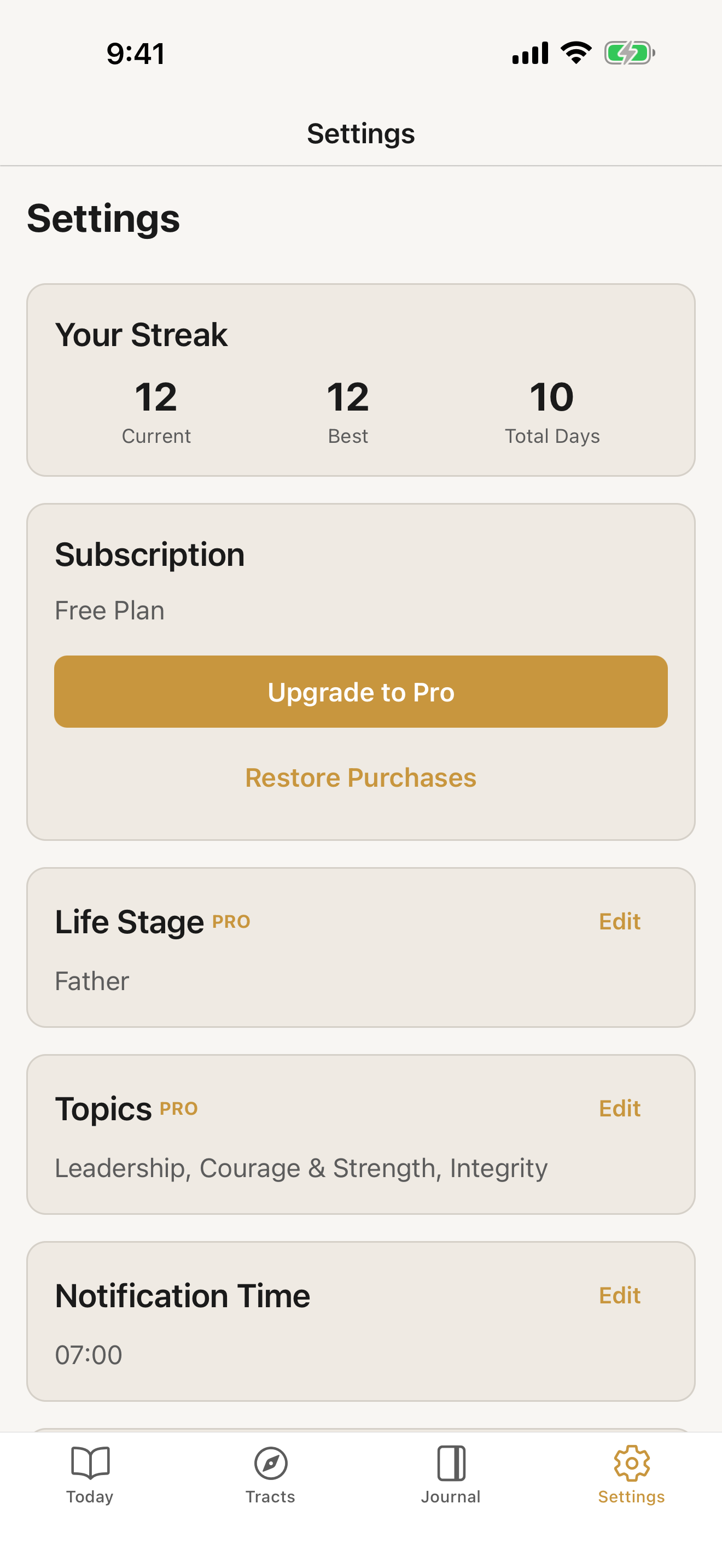 David app settings — personalization by life stage and topic, plus streak stats