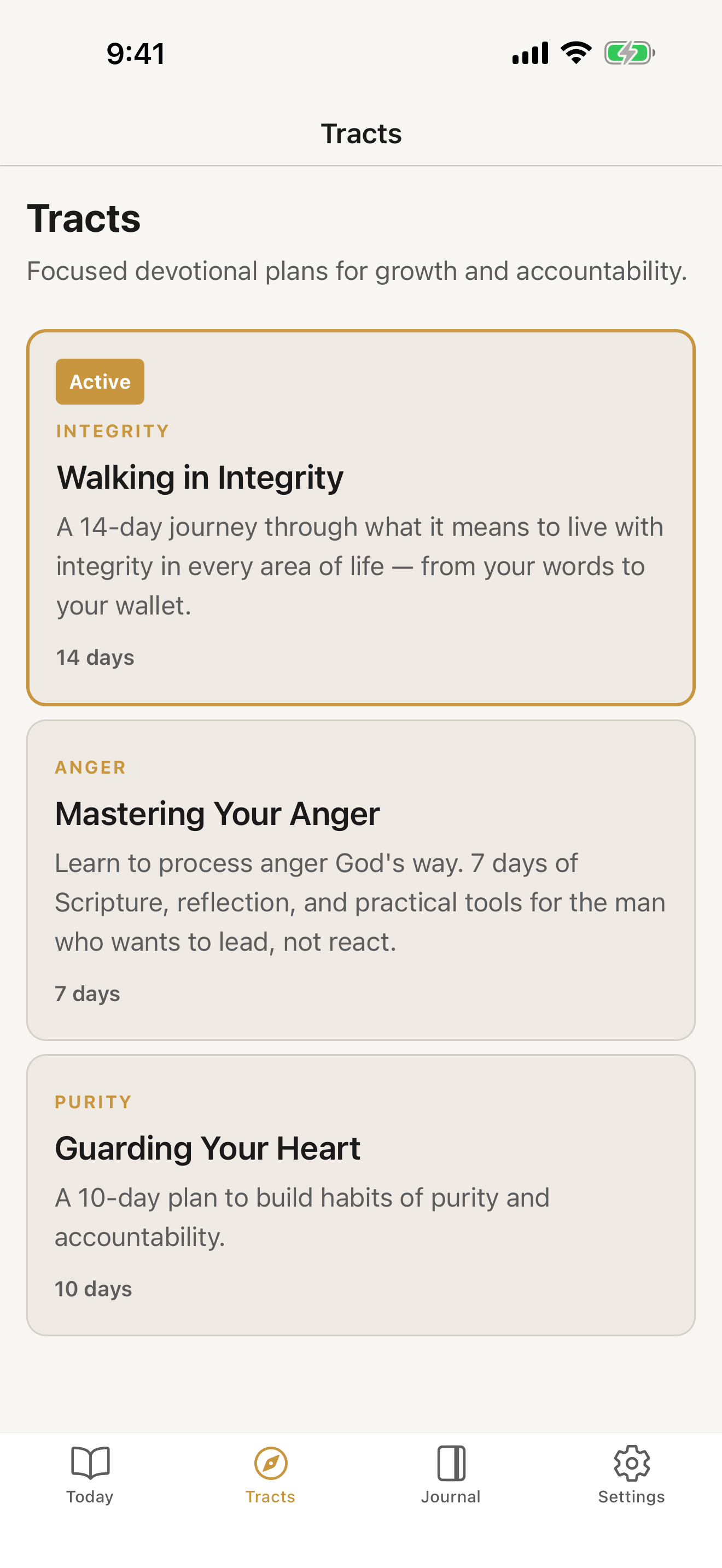 David app Tracts — multi-day devotional plans on fatherhood, leadership, anxiety, and purity